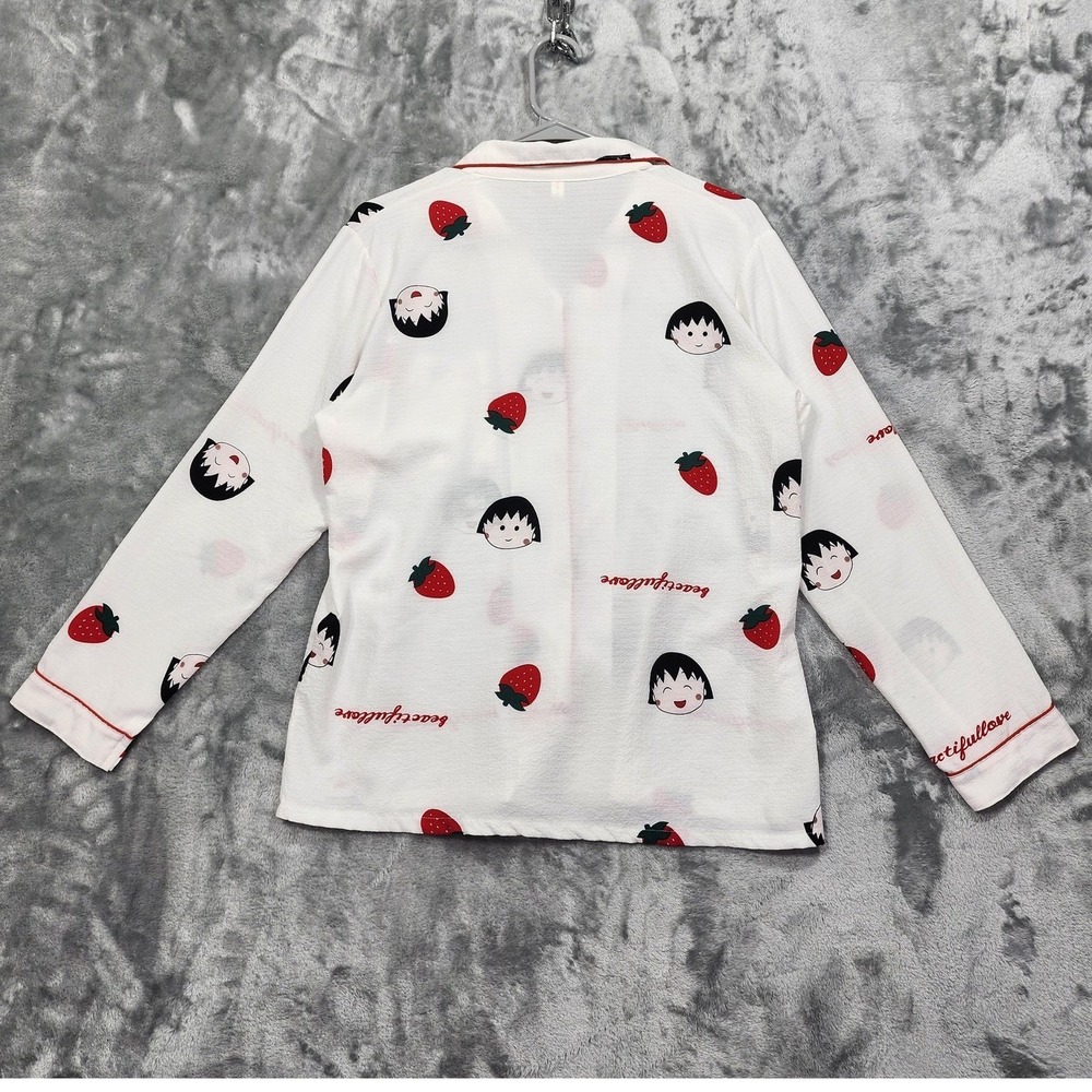 Pajama Set Womens 4 White Red Strawberry Button Front‎ Long Sleeve Two Piece - Picture 3 of 15